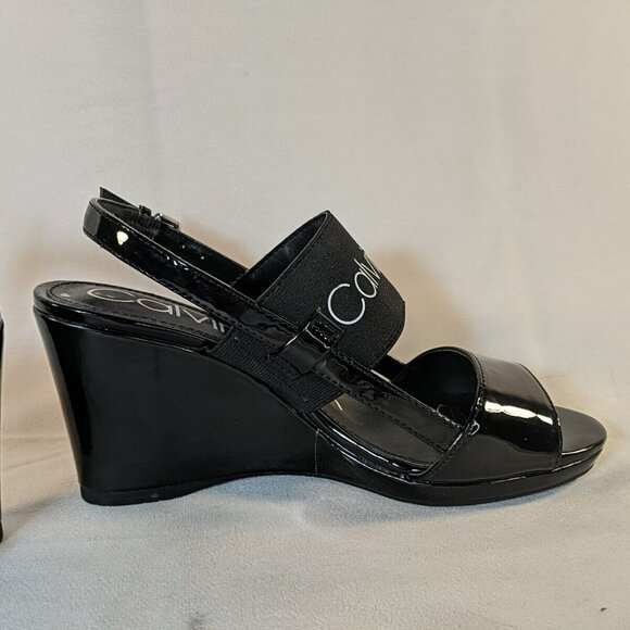 Calvin Klein BETHAN Black Strap Logo Heels 7.5 Black Wedge Patent 34E09131 Sling - Picture 6 of 12